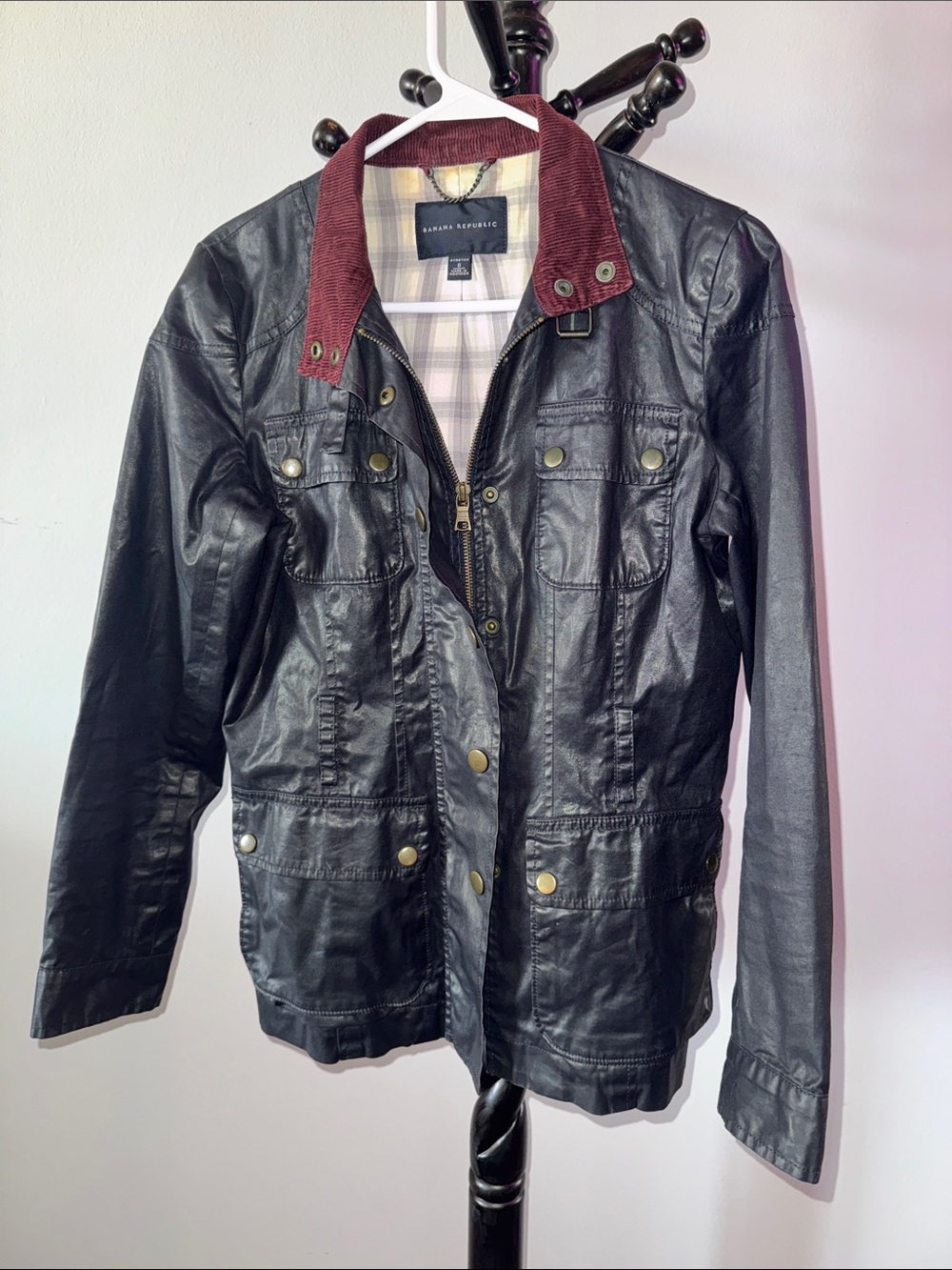 Banana Republic Navy Faux-Leather Utility Jacket with Burgundy Collar